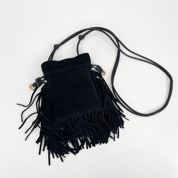 Aquazzura Black Suede Gytane Mini Fringe Trim Drawstring Hobo Crossbody Bag - Picture 3 of 10
